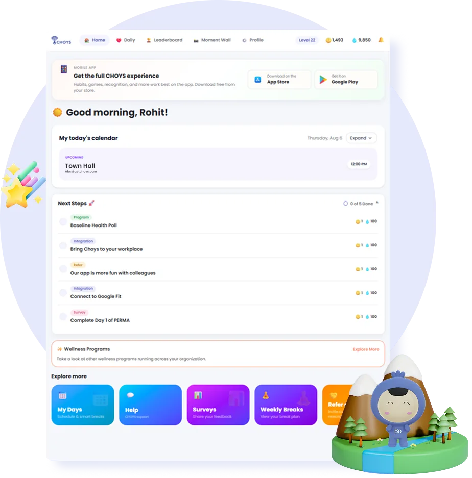 The CHOYS employee web dashboard: a morning greeting, today's calendar with an upcoming Town Hall, a Next Steps checklist, quick-access tiles for Help, Surveys and Weekly Breaks, and Bo the CHOYS mascot alongside.