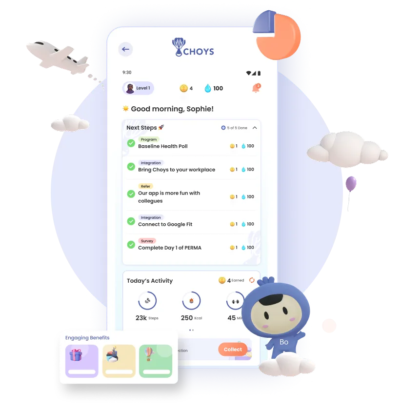 The CHOYS app on a phone showing a morning greeting, a completed Next Steps checklist and the day's activity totals, with Bo the CHOYS mascot alongside.