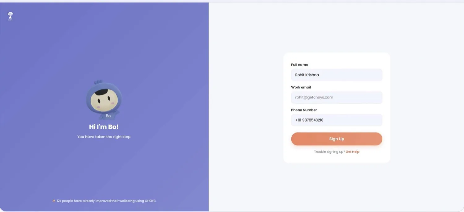 The CHOYS sign-up screen with Bo the mascot, asking for full name, work email and phone number.