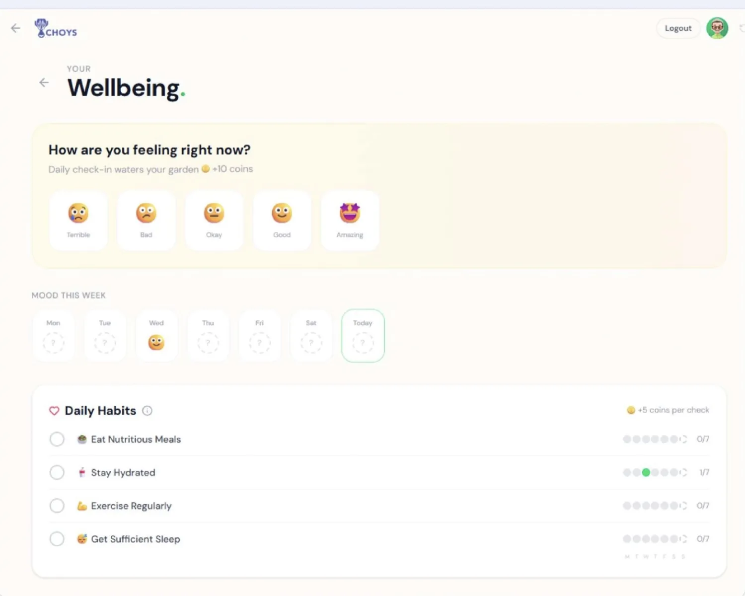 The CHOYS wellbeing screen: mood check-in, mood history for the week, and a daily habits list with streak progress.