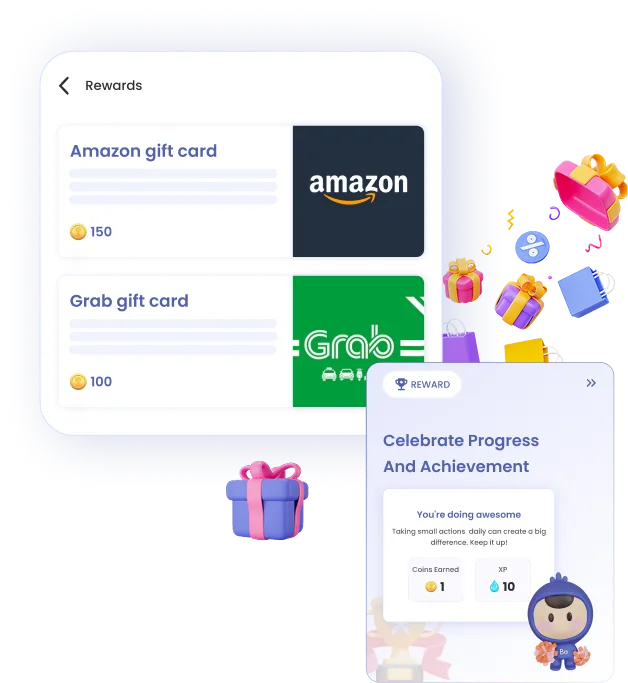 Rewards ready to redeem: an Amazon gift card for 150 coins and a Grab gift card for 100 coins, a Celebrate Progress achievement card, gift icons and Bo the CHOYS mascot.